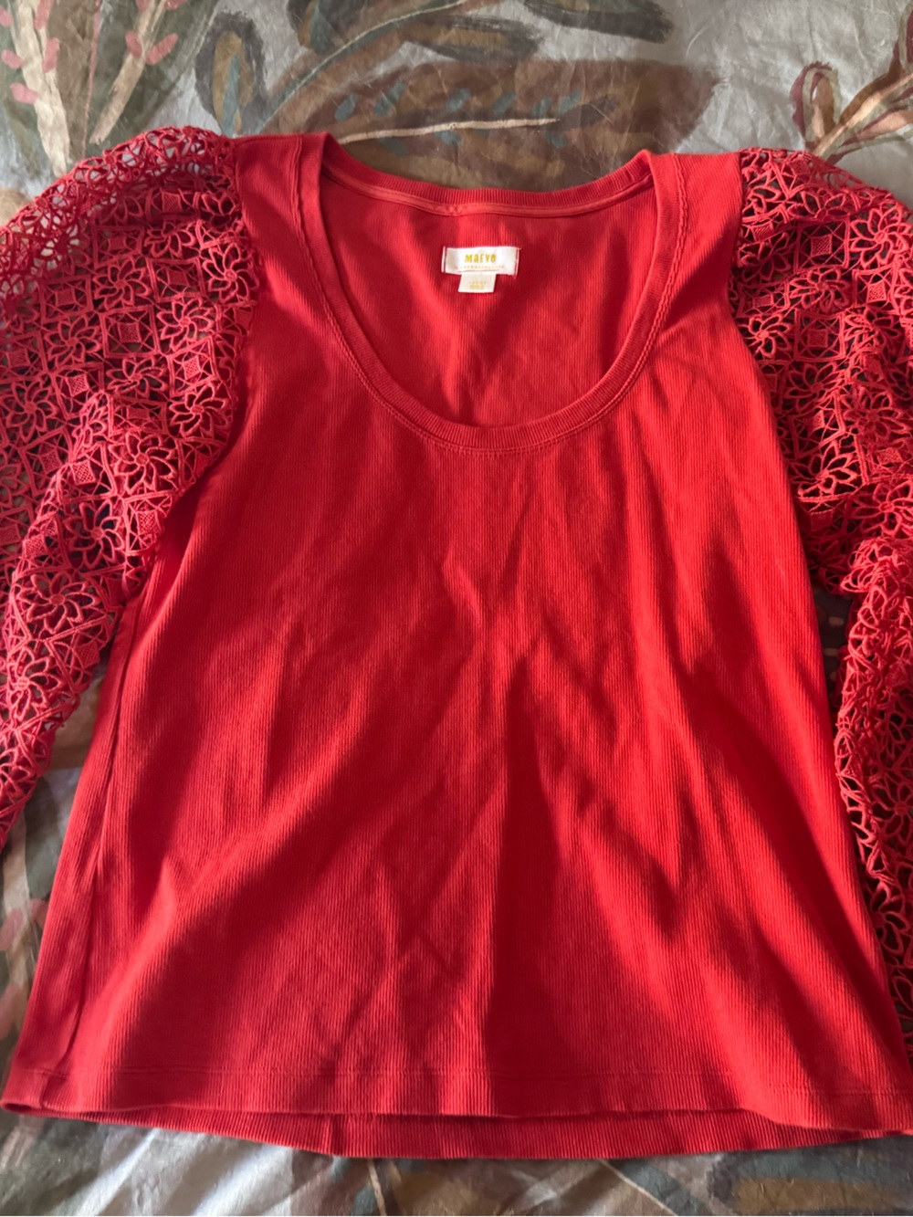 Anthropologie Maeve Red Lace Sleeve Scoop Neck Women's Top - Picture 2 of 7